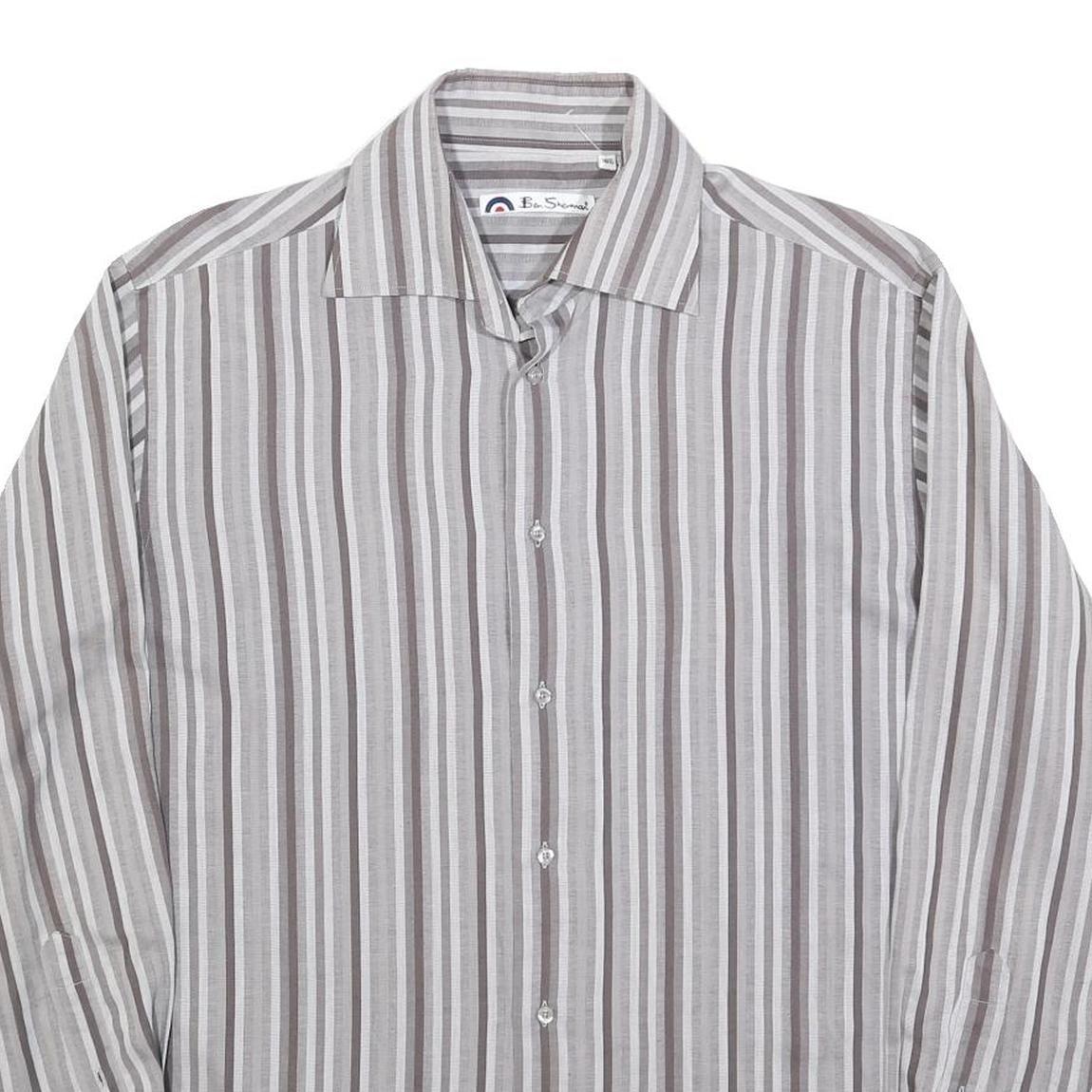 BEN SHERMAN Mens Grey & White Striped Shirt L Classic Cotton Blend Casual