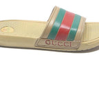 GUCCI Mens Beige Synthetic Sliders UK 7 Designer Logo Casual Comfort