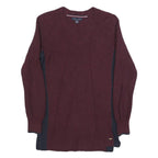 TOMMY HILFIGER Womens Maroon & Navy Patterned Jumper V-Neck Cable Knit XXS