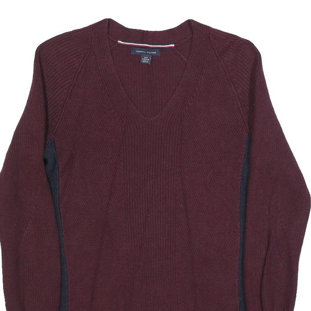 TOMMY HILFIGER Womens Maroon & Navy Patterned Jumper V-Neck Cable Knit XXS