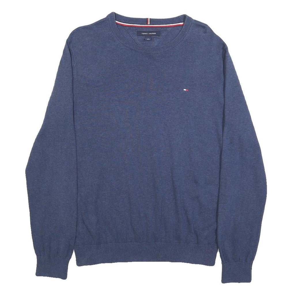 TOMMY HILFIGER Mens Blue Plain Cotton Crew Neck Basic Knit Jumper M Casual
