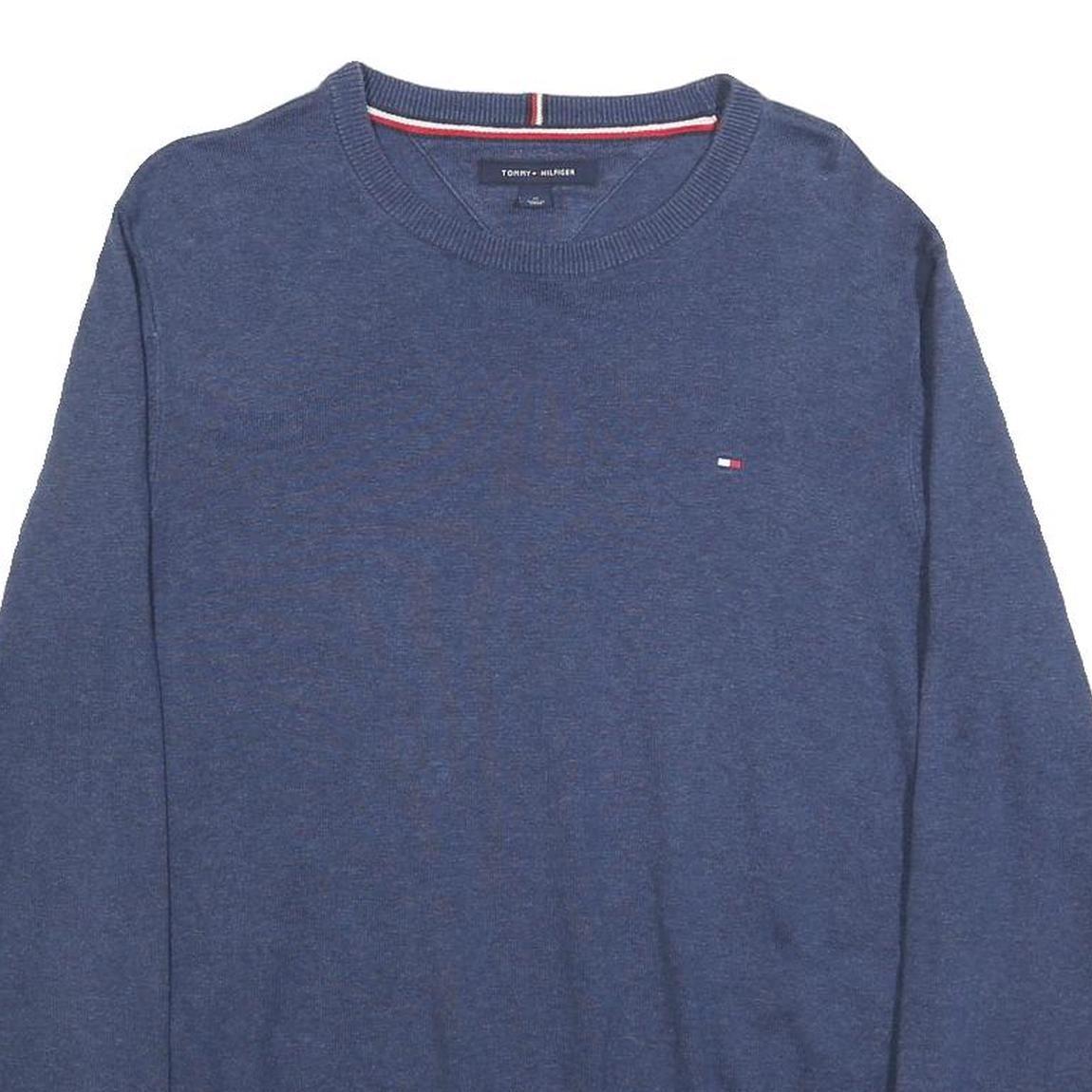 TOMMY HILFIGER Mens Blue Plain Cotton Crew Neck Basic Knit Jumper M Casual