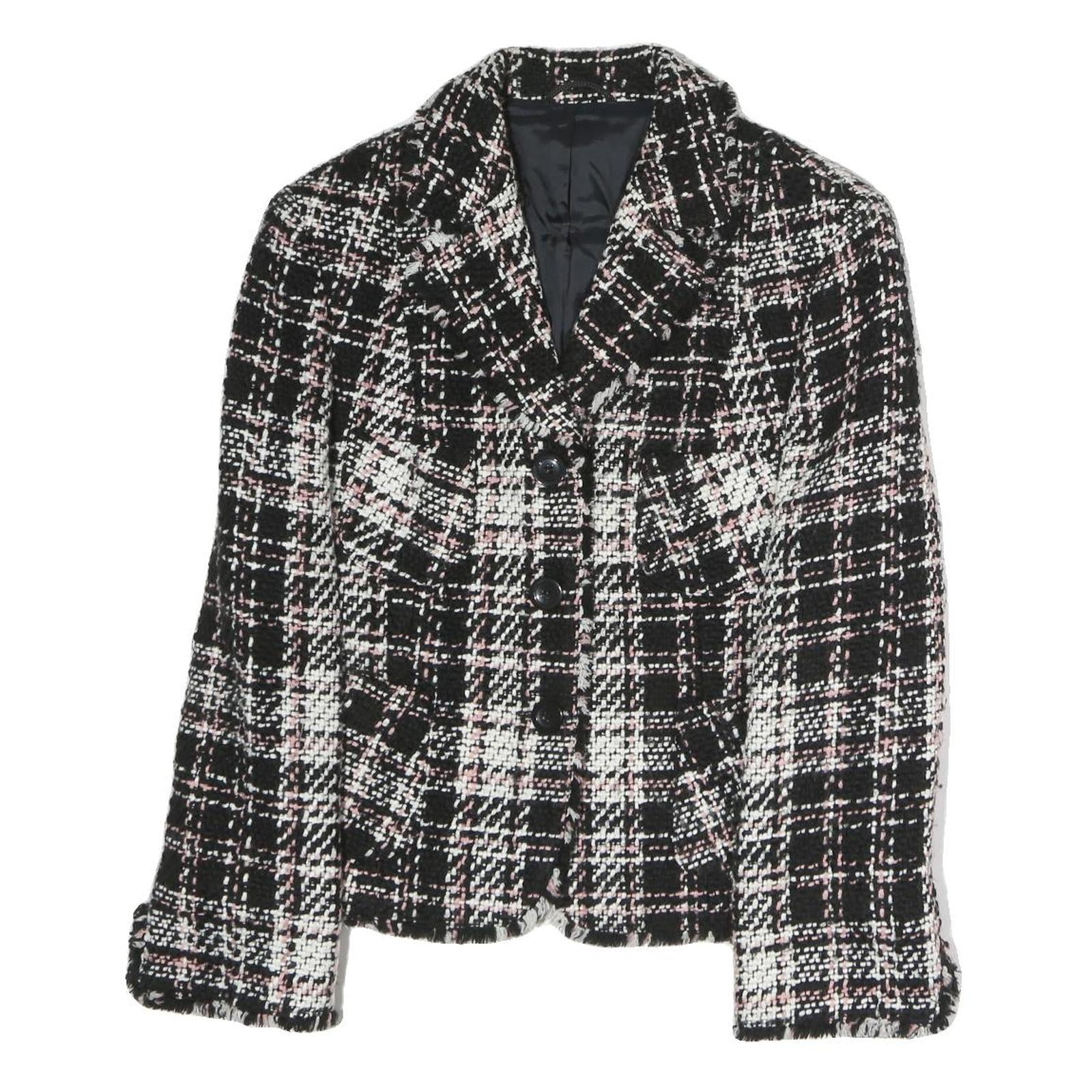 Womens Black & White Tweed Button Jacket L Cotton Blend Classic Patterned