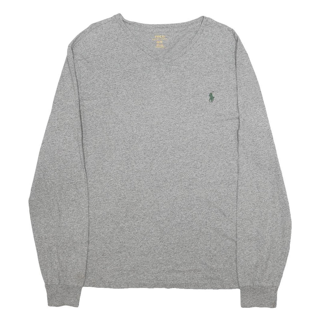 POLO RALPH LAUREN Mens Grey Long Sleeve V-Neck Cotton T-Shirt M Classic Logo