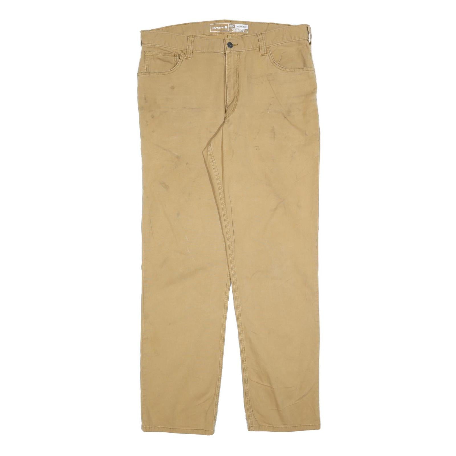 CARHARTT Mens Regular Fit Beige Trousers W36 L34 Cotton Blend Zip Pocket