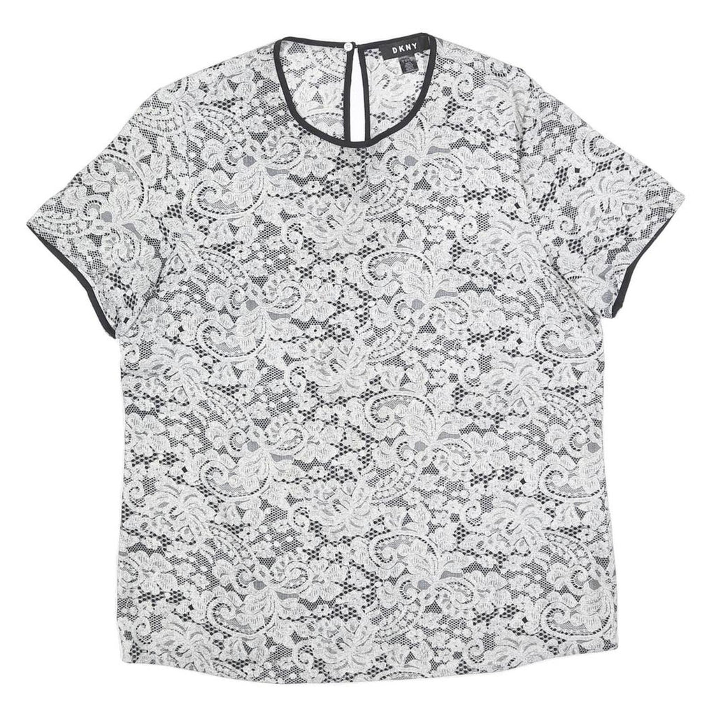 DKNY Womens Black & White Lace Printed Top Short Sleeve Round Neck L Stylish