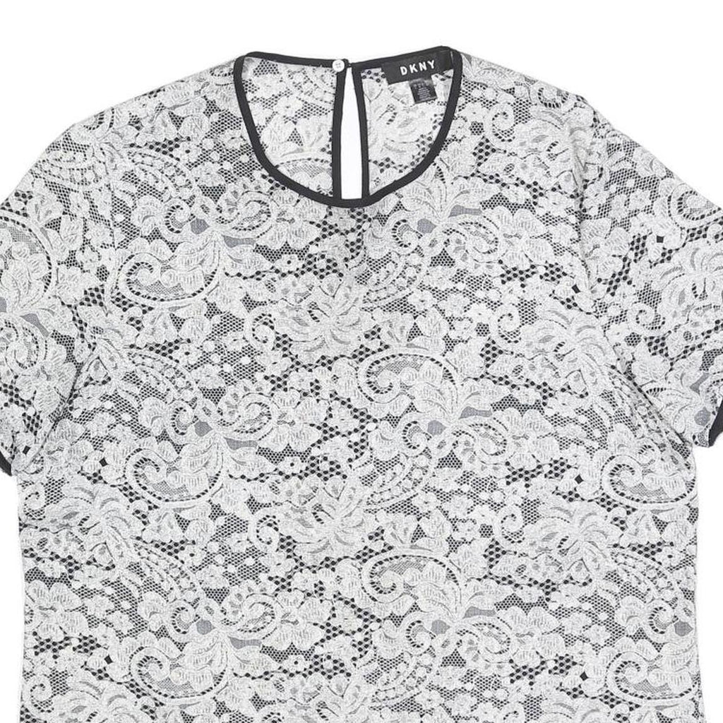 DKNY Womens Black & White Lace Printed Top Short Sleeve Round Neck L Stylish