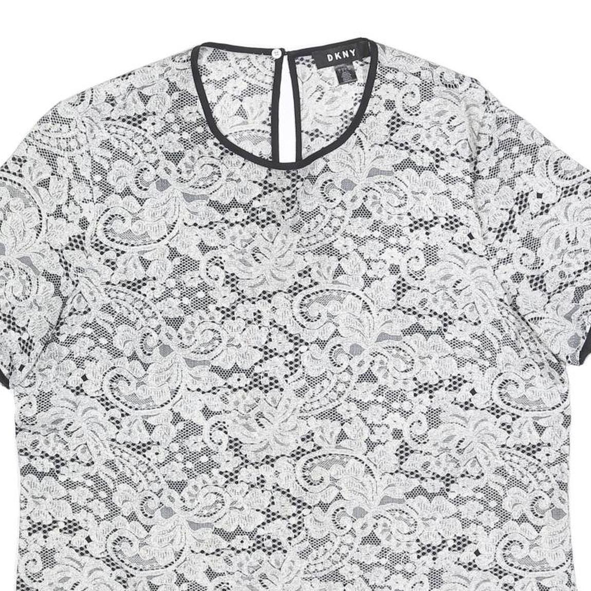 DKNY Womens Black & White Lace Printed Top Short Sleeve Round Neck L Stylish