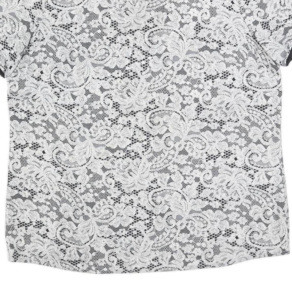 DKNY Womens Black & White Lace Printed Top Short Sleeve Round Neck L Stylish