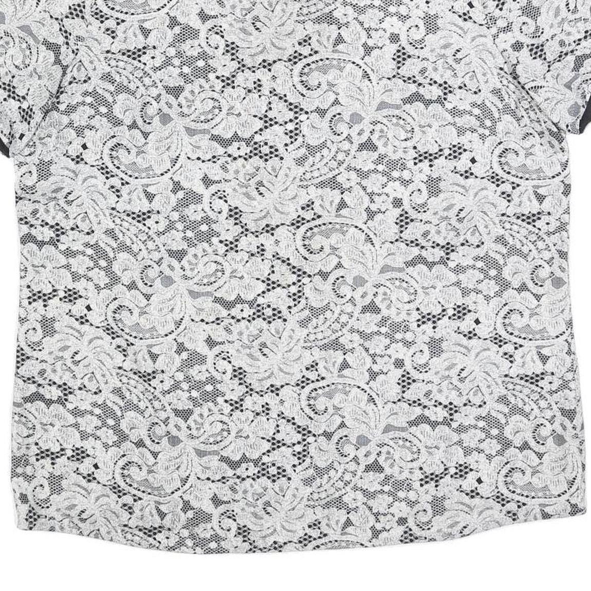 DKNY Womens Black & White Lace Printed Top Short Sleeve Round Neck L Stylish