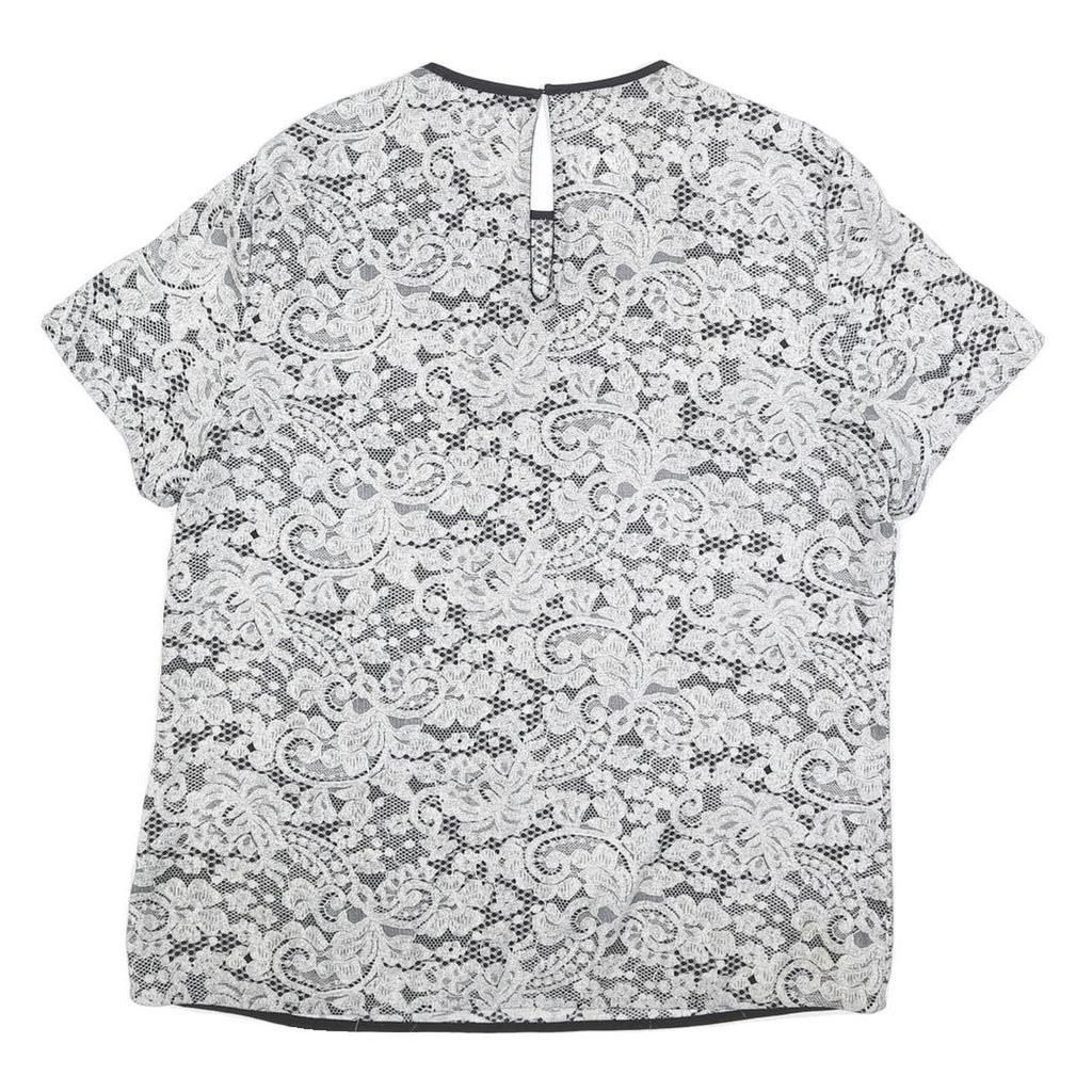 DKNY Womens Black & White Lace Printed Top Short Sleeve Round Neck L Stylish