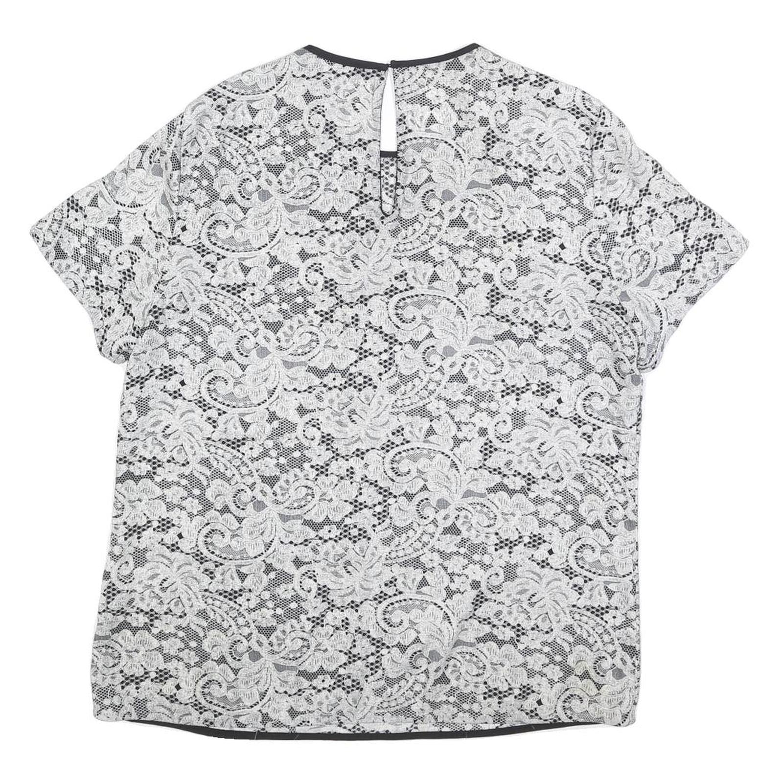 DKNY Womens Black & White Lace Printed Top Short Sleeve Round Neck L Stylish