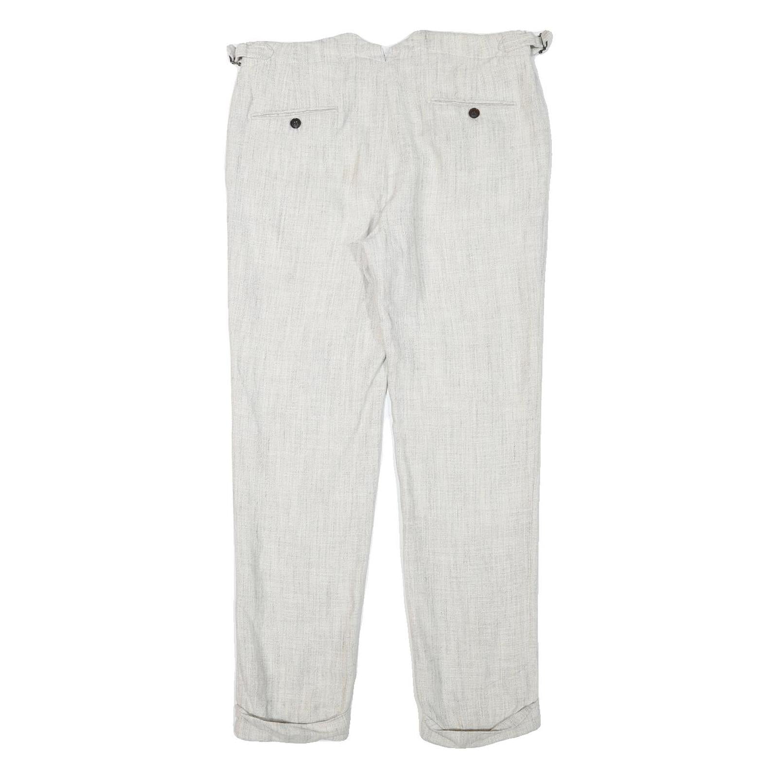 Mens Linen Blend Regular Fit Light Grey Trousers W32 L29 Adjustable Waist Zip