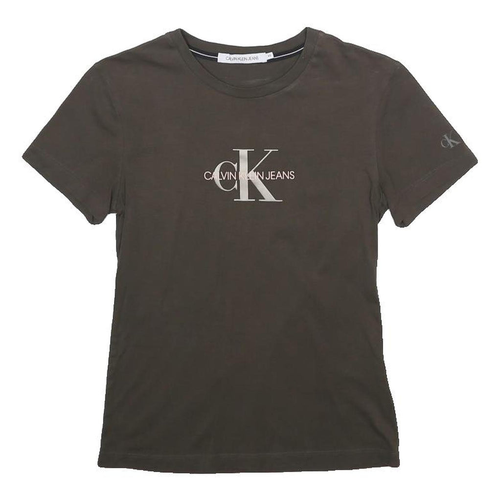 CALVIN KLEIN JEANS Womens Brown Crew Neck Short Sleeve T-Shirt XS Logo Print