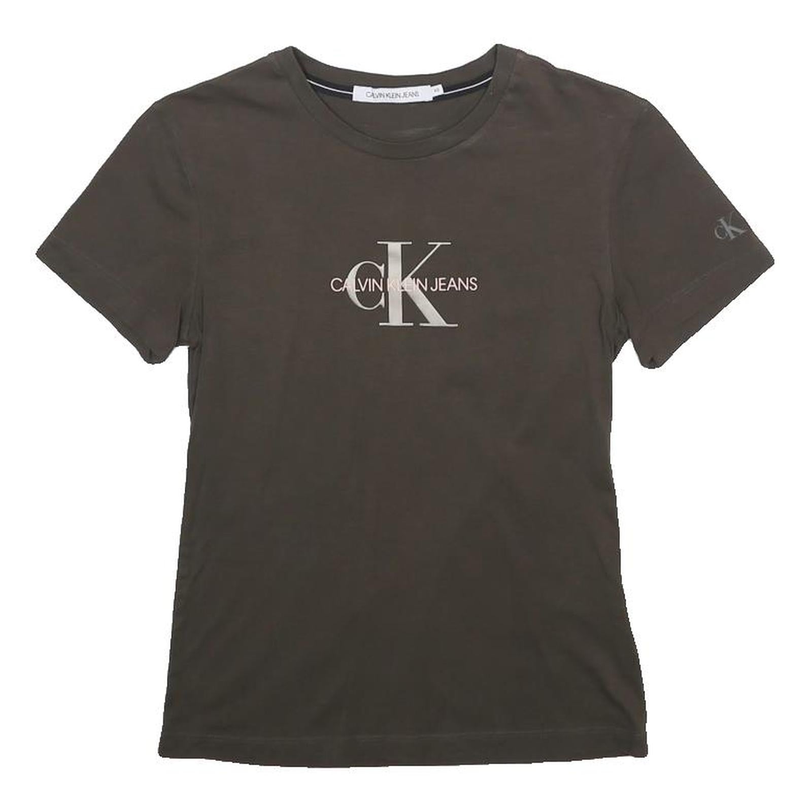 CALVIN KLEIN JEANS Womens Brown Crew Neck Short Sleeve T-Shirt XS Logo Print