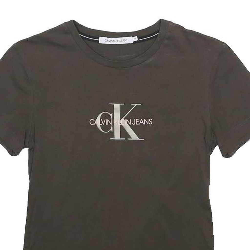 CALVIN KLEIN JEANS Womens Brown Crew Neck Short Sleeve T-Shirt XS Logo Print