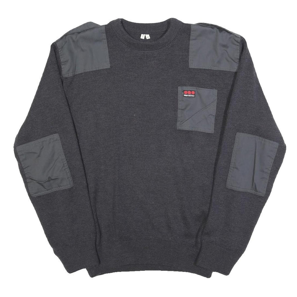 Mens Black Patchwork Plain Crew Neck Chunky Knit XL Workwear Jumper