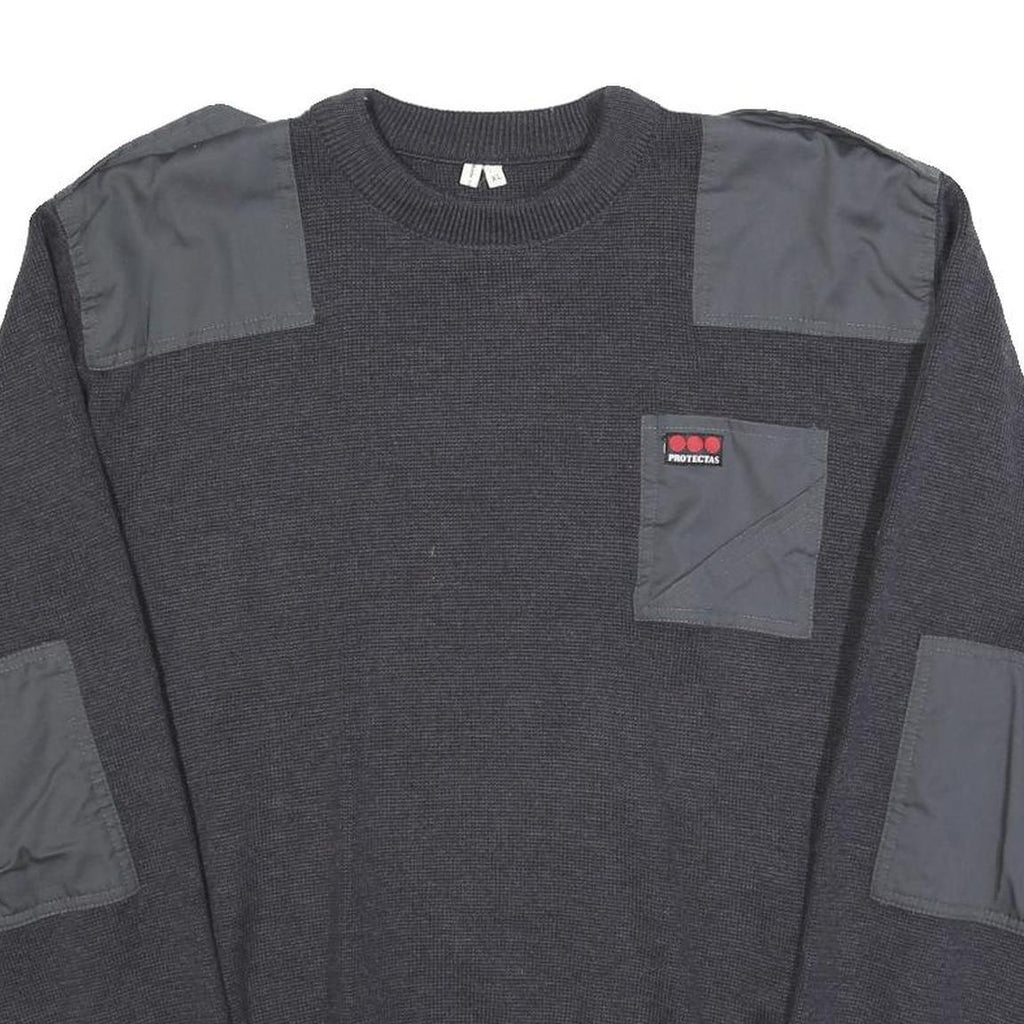 Mens Black Patchwork Plain Crew Neck Chunky Knit XL Workwear Jumper