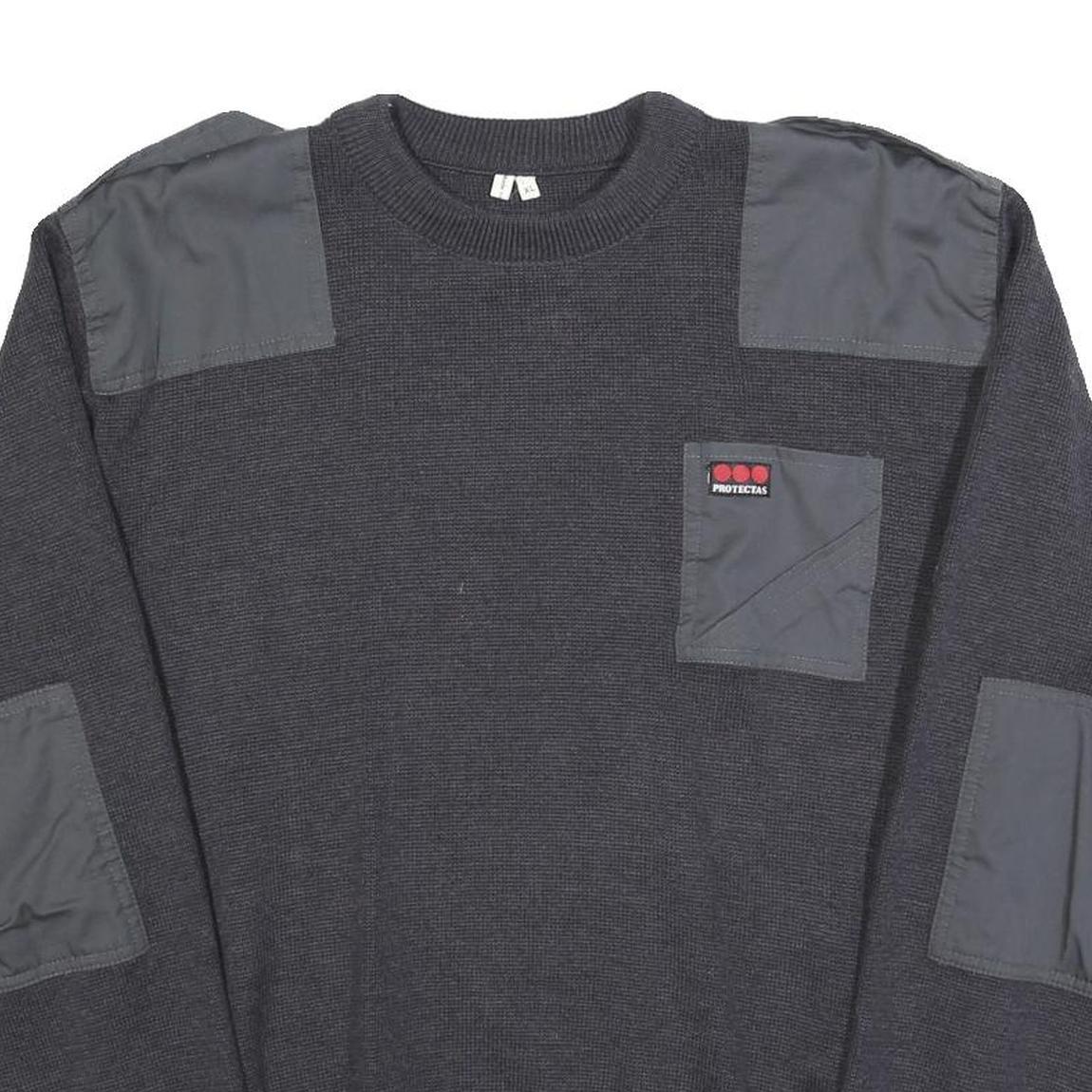 Mens Black Patchwork Plain Crew Neck Chunky Knit XL Workwear Jumper