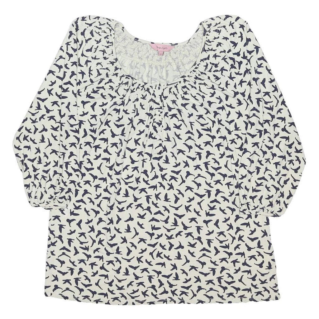 PHASE EIGHT Womens White Navy Bird Print Blouse 3/4 Sleeve Round Neck UK 12