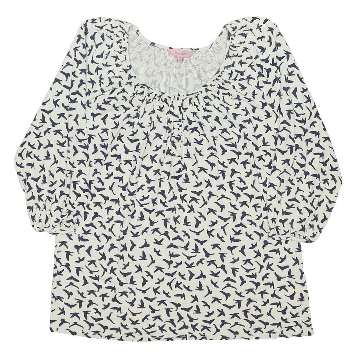 PHASE EIGHT Womens White Navy Bird Print Blouse 3/4 Sleeve Round Neck UK 12