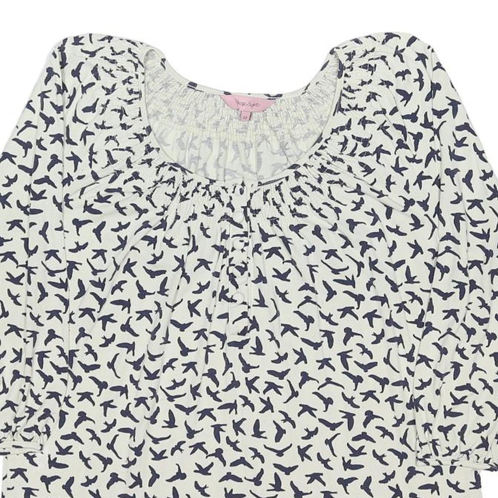 PHASE EIGHT Womens White Navy Bird Print Blouse 3/4 Sleeve Round Neck UK 12