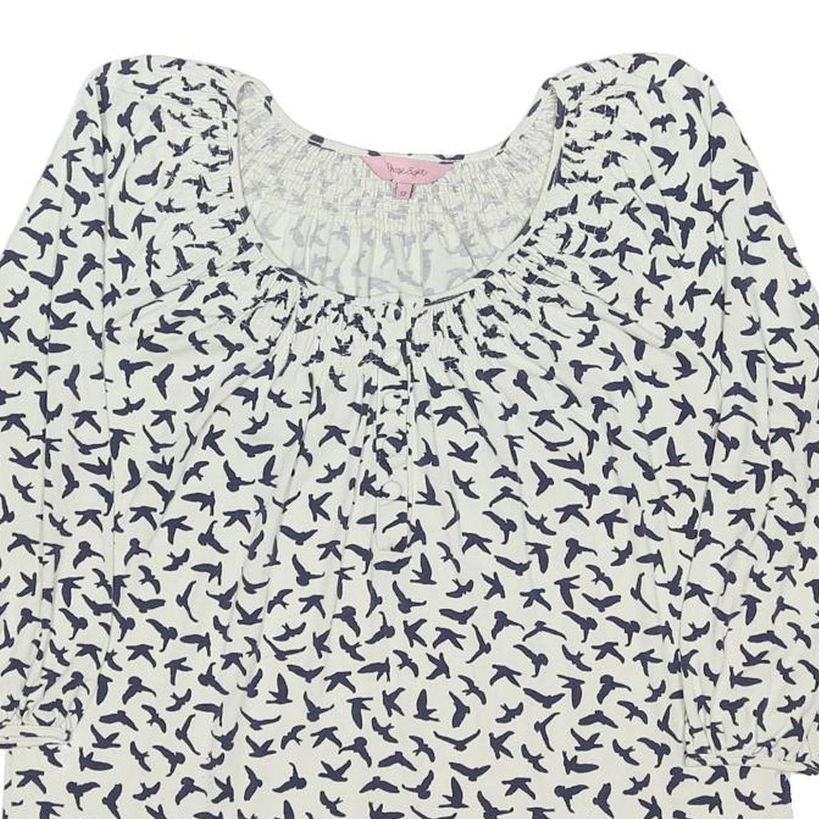 PHASE EIGHT Womens White Navy Bird Print Blouse 3/4 Sleeve Round Neck UK 12