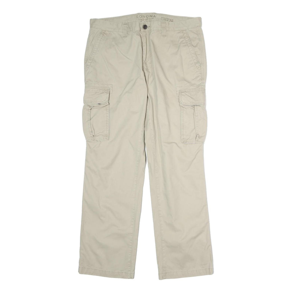 SONOMA Mens Beige Cotton Regular Cargo Trousers W36 L32 Casual Comfort Zip
