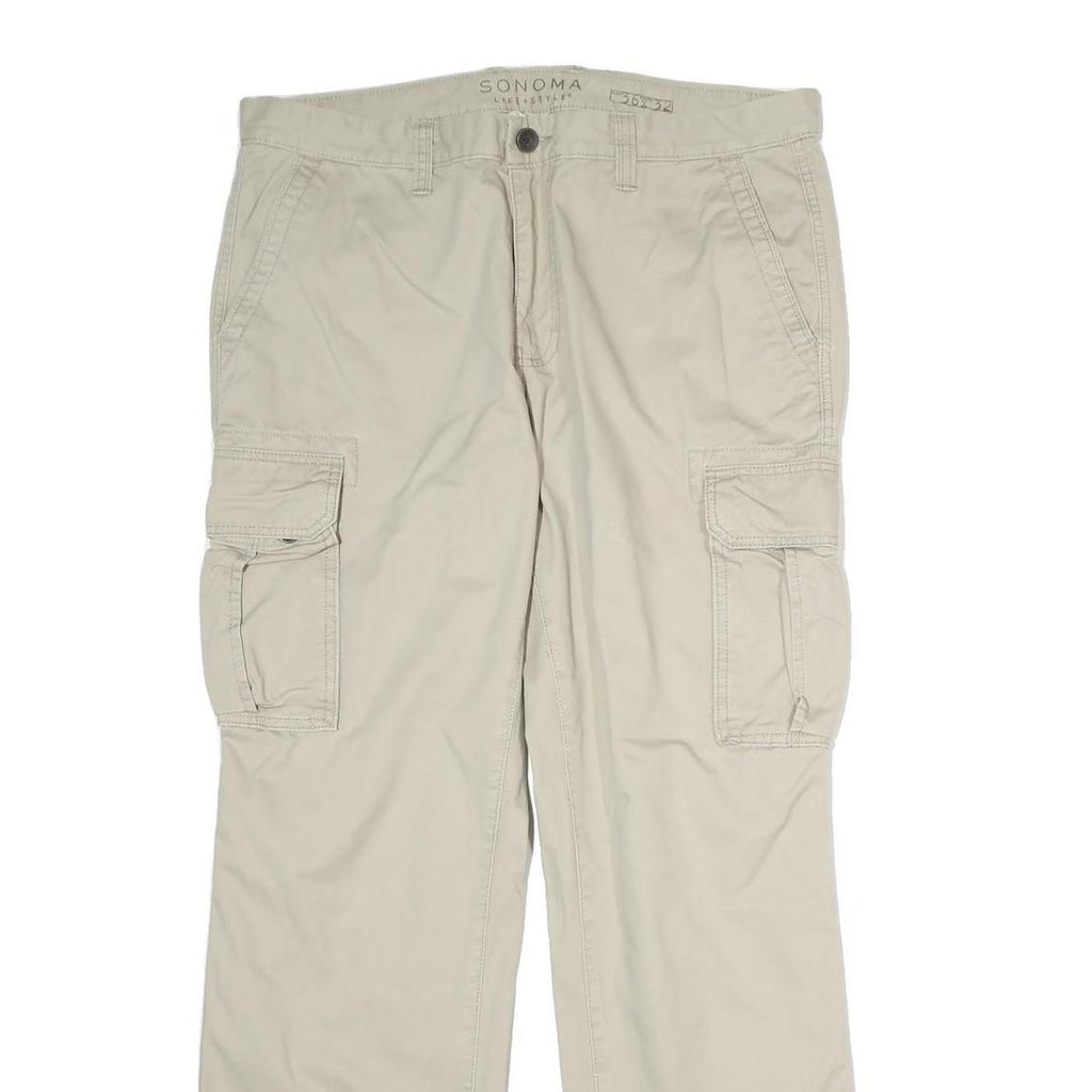 SONOMA Mens Beige Cotton Regular Cargo Trousers W36 L32 Casual Comfort Zip