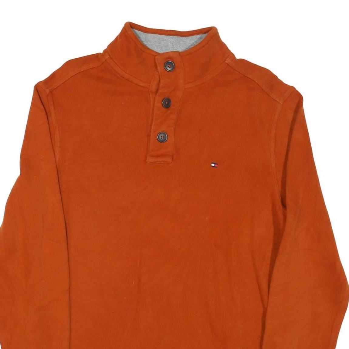 TOMMY HILFIGER Mens Orange Plain Pullover Button Neck Cotton Blend Jumper M