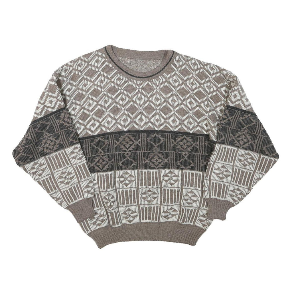 Womens Brown & Cream Patterned Jumper Wool Blend Crew Neck Basic Knit M