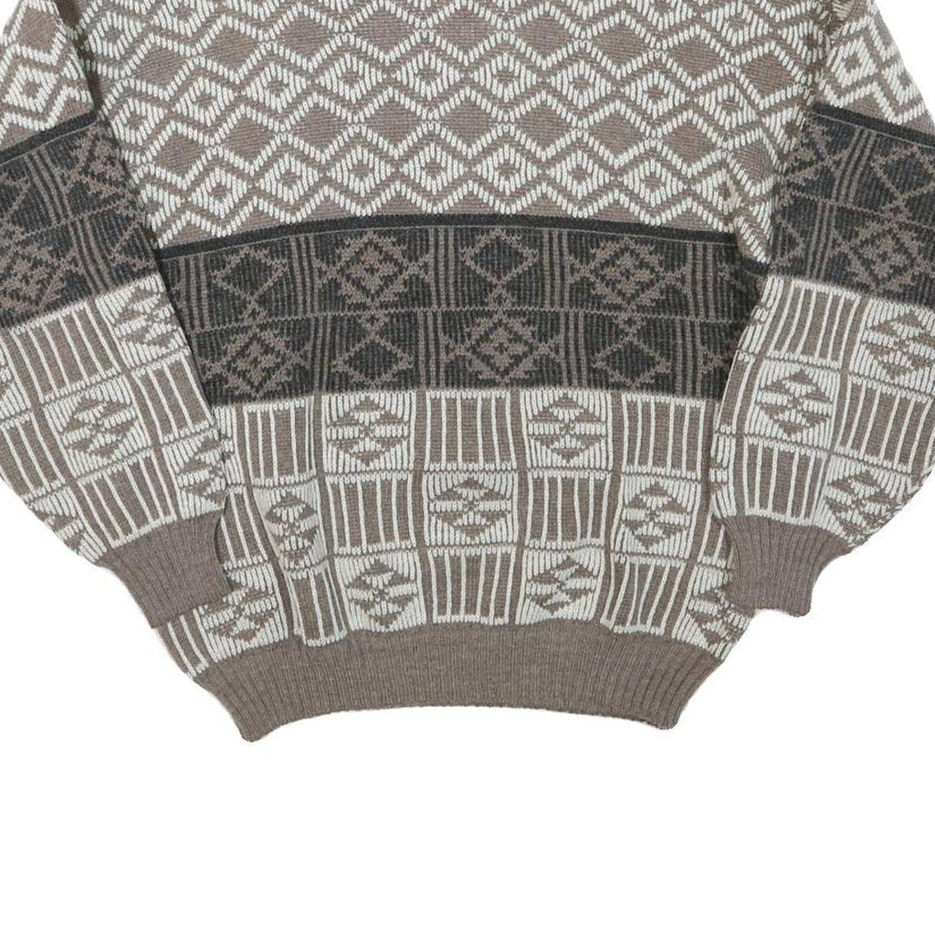 Womens Brown & Cream Patterned Jumper Wool Blend Crew Neck Basic Knit M
