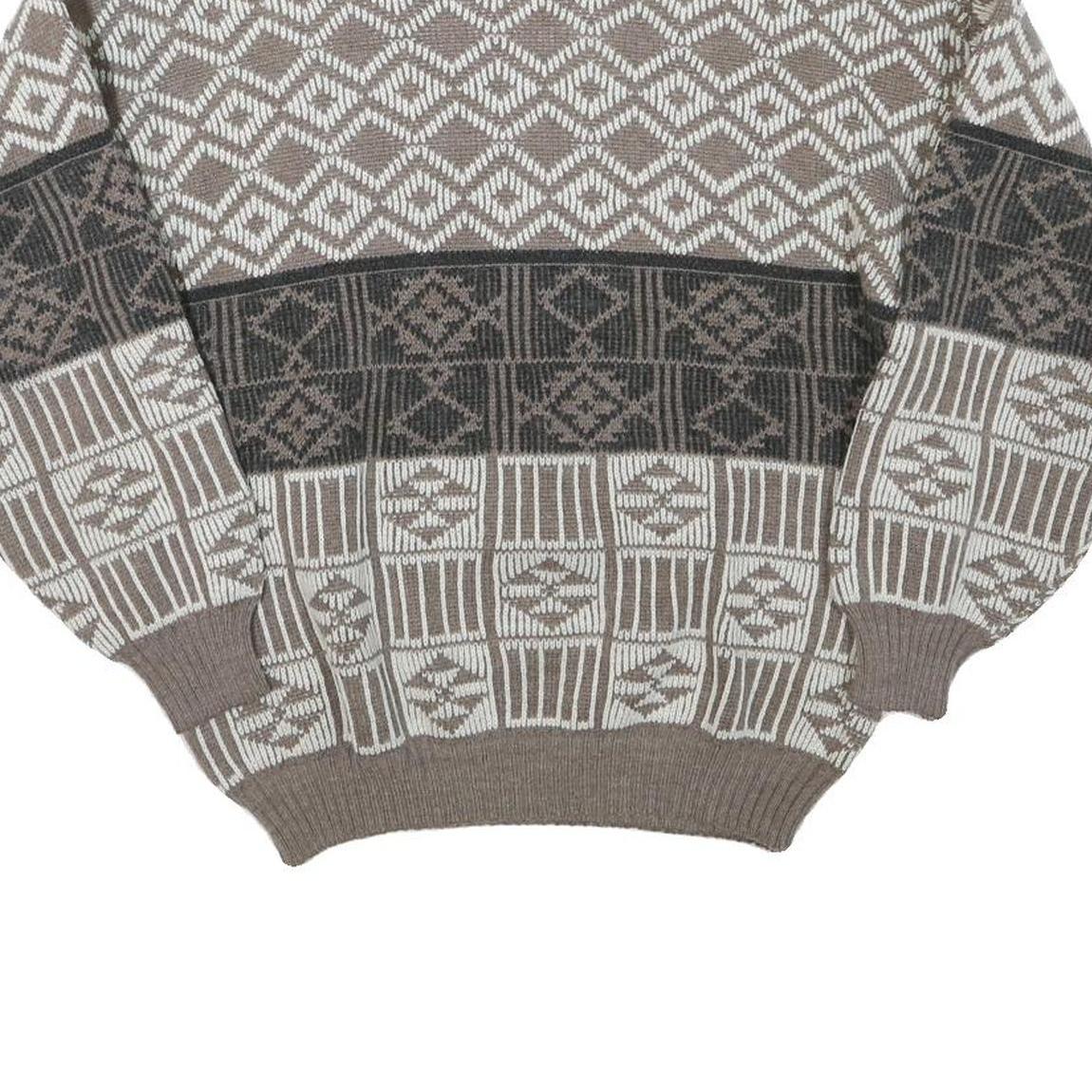 Womens Brown & Cream Patterned Jumper Wool Blend Crew Neck Basic Knit M