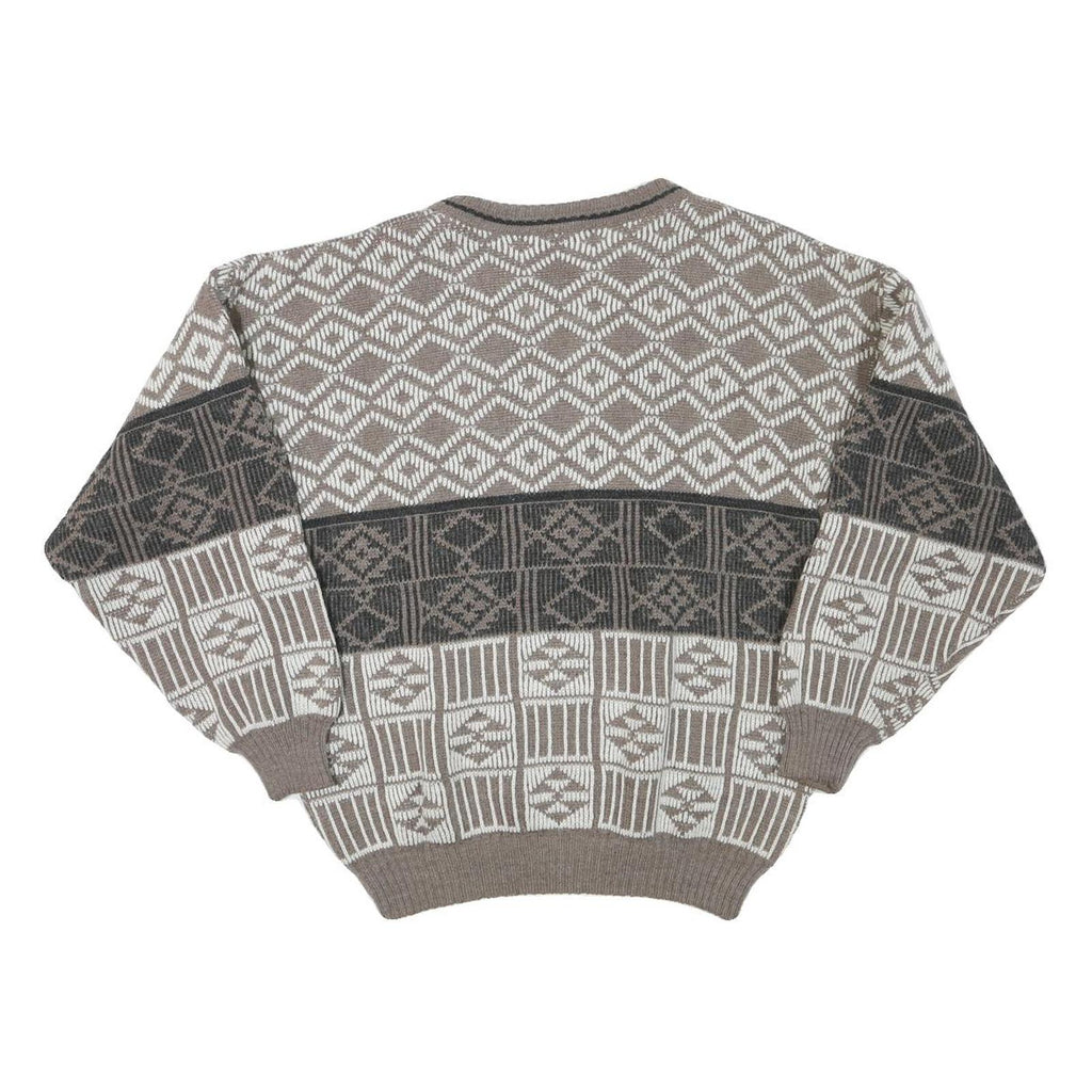 Womens Brown & Cream Patterned Jumper Wool Blend Crew Neck Basic Knit M