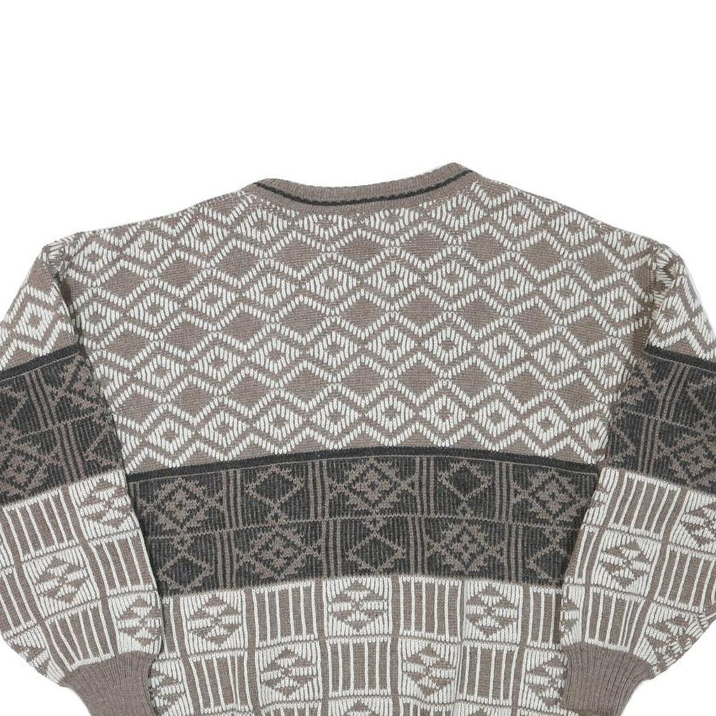 Womens Brown & Cream Patterned Jumper Wool Blend Crew Neck Basic Knit M