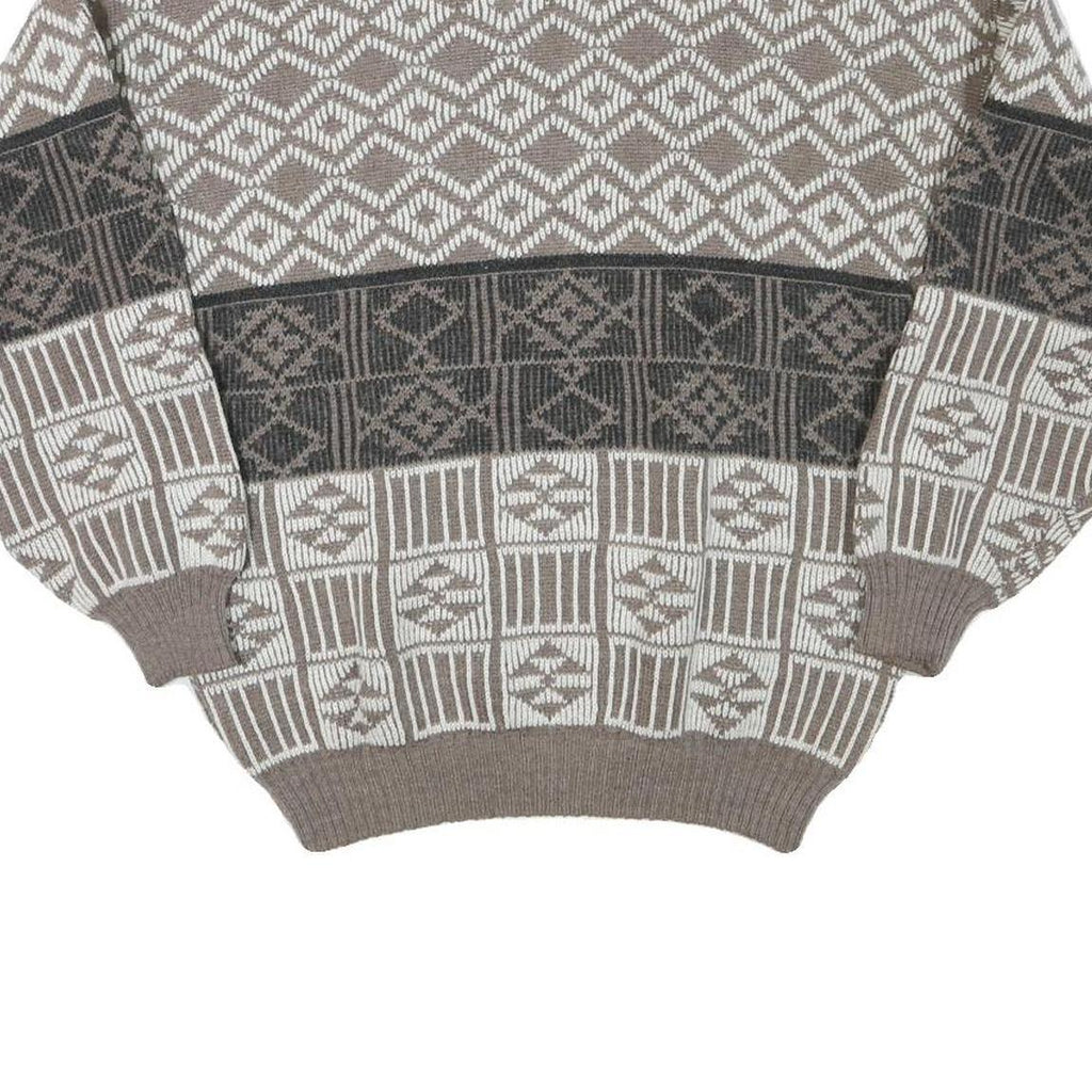 Womens Brown & Cream Patterned Jumper Wool Blend Crew Neck Basic Knit M