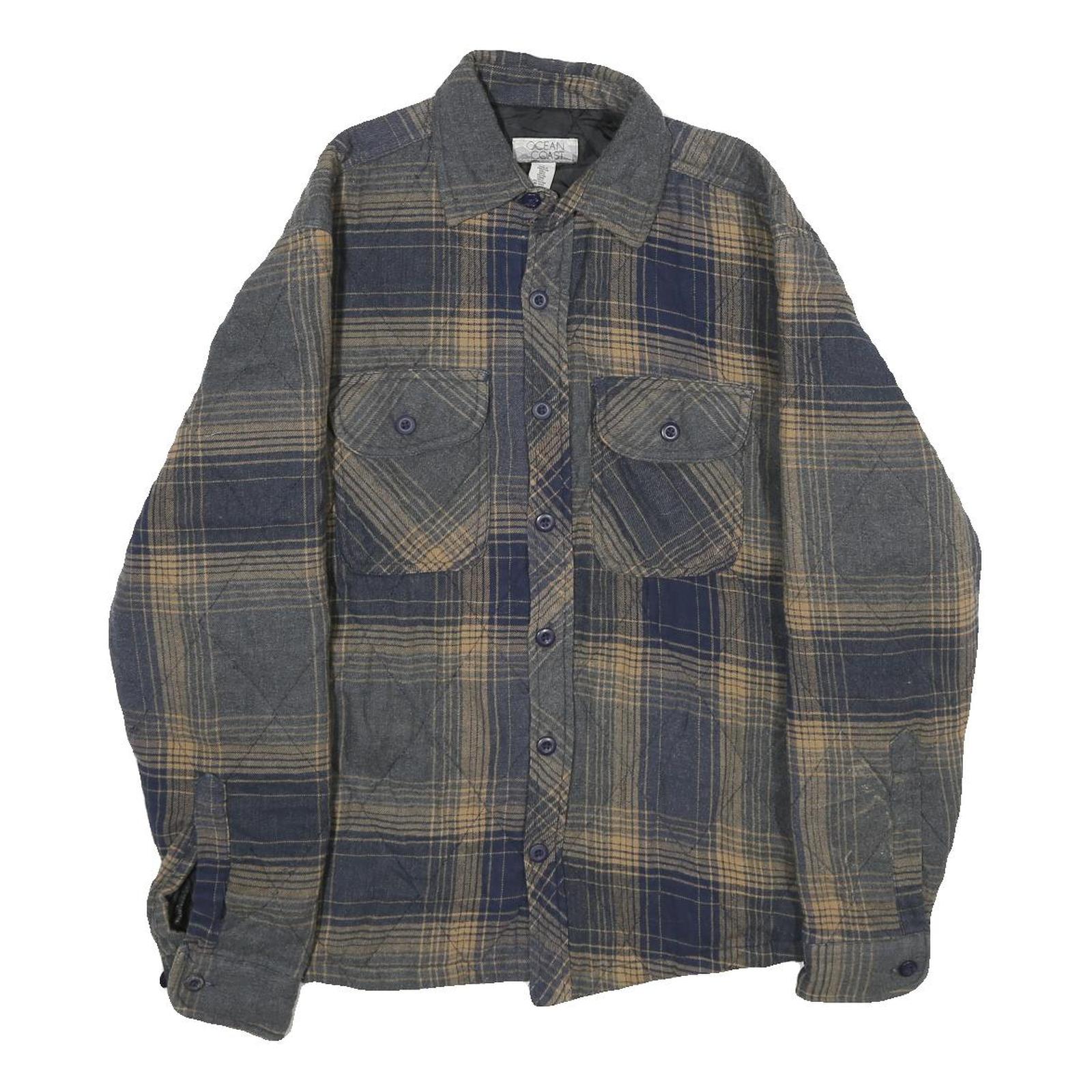 OCEAN COAST Mens Blue & Brown Cotton Blend Button Jacket S Plaid Casual Shirt