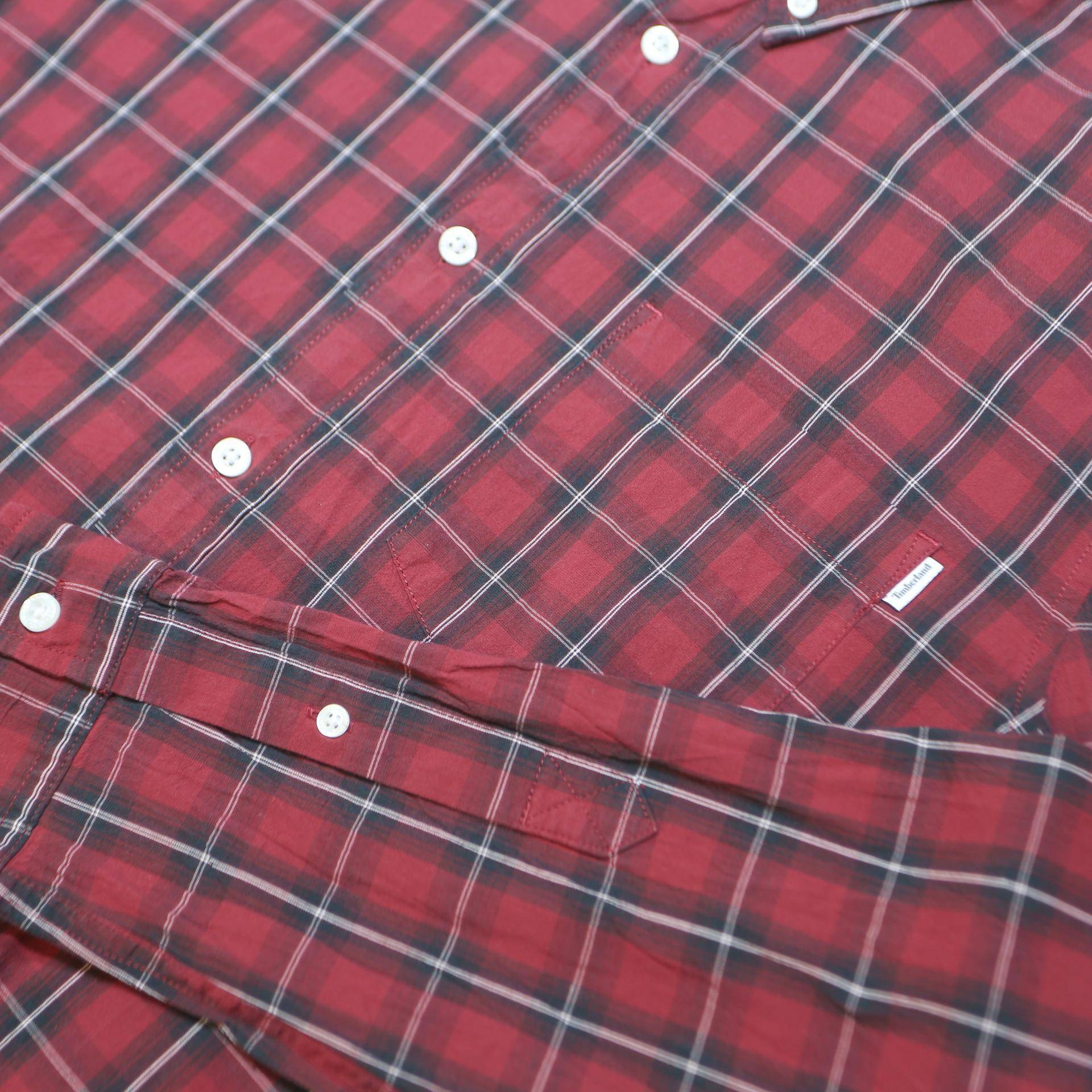 TIMBERLAND Mens Red Checked Shirt XL Cotton Blend Button Down Collar Long Sleeve