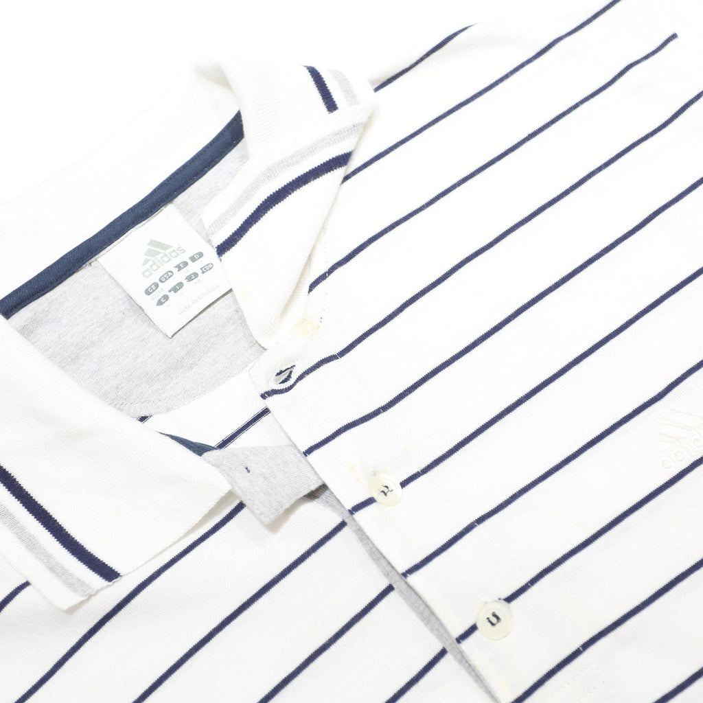 ADIDAS Mens White & Navy Striped Short Sleeve Polo Shirt L Cotton Casual