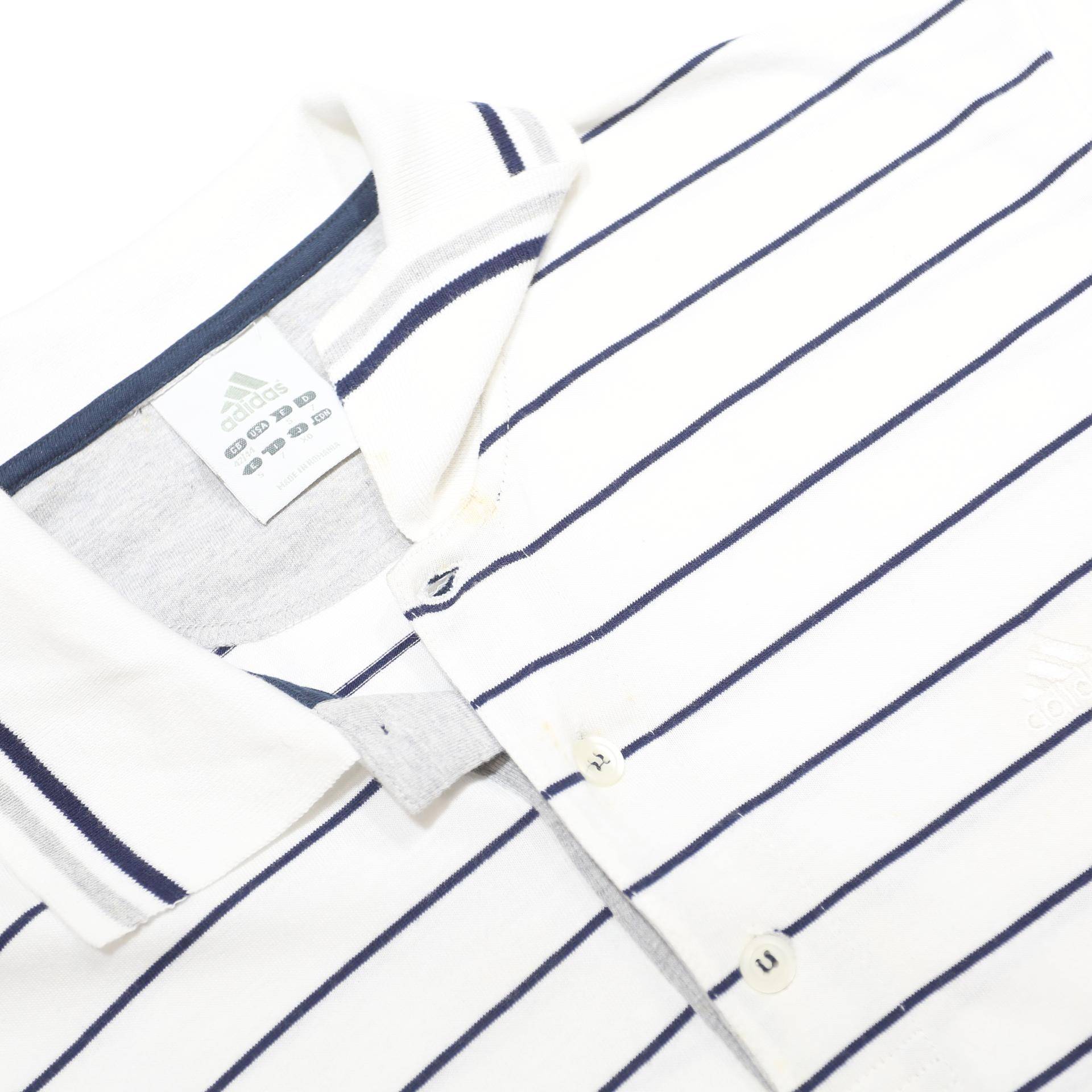 ADIDAS Mens White & Navy Striped Short Sleeve Polo Shirt L Cotton Casual