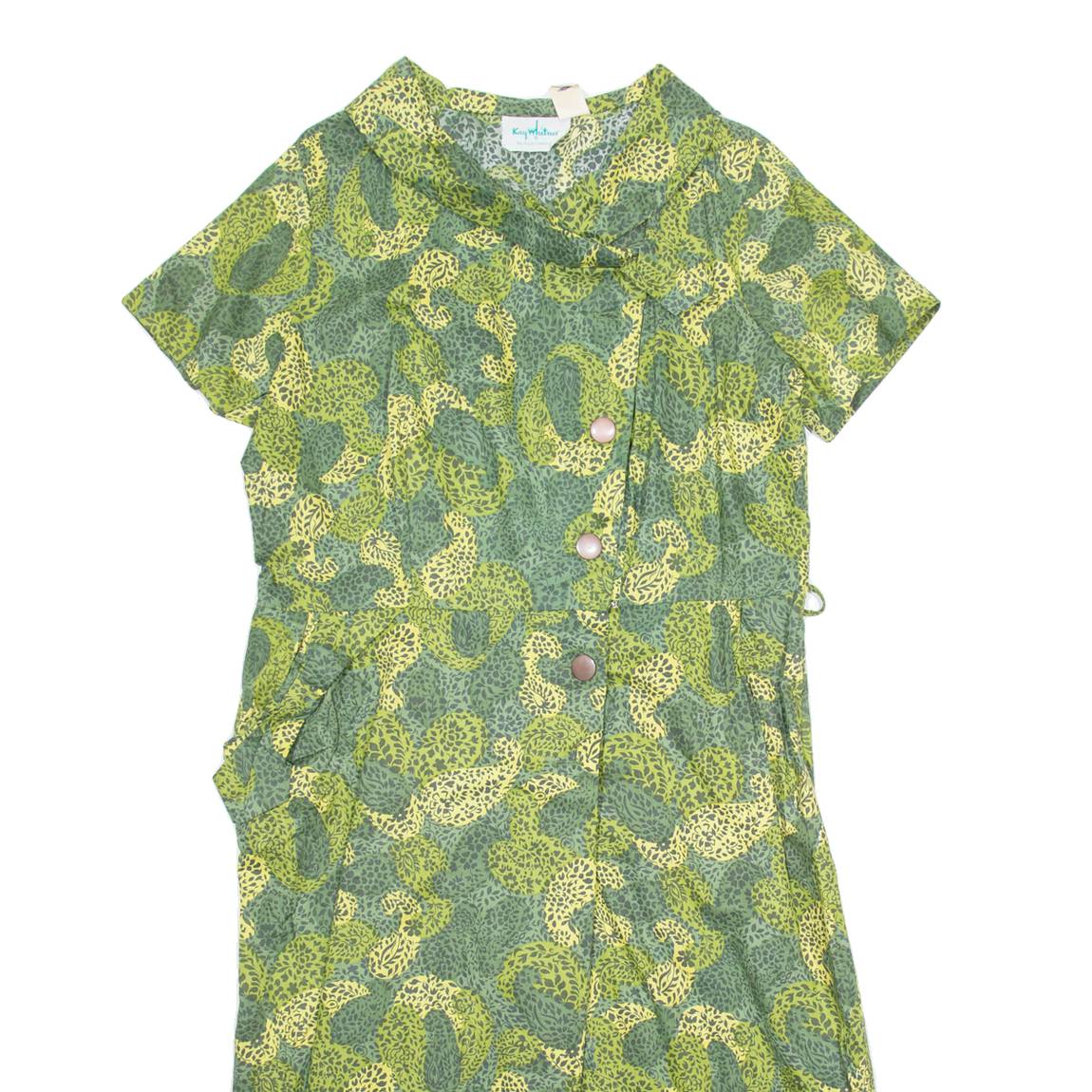KAY WHITNEY Womens Shift Dress Green Paisley Short Sleeve Midi L