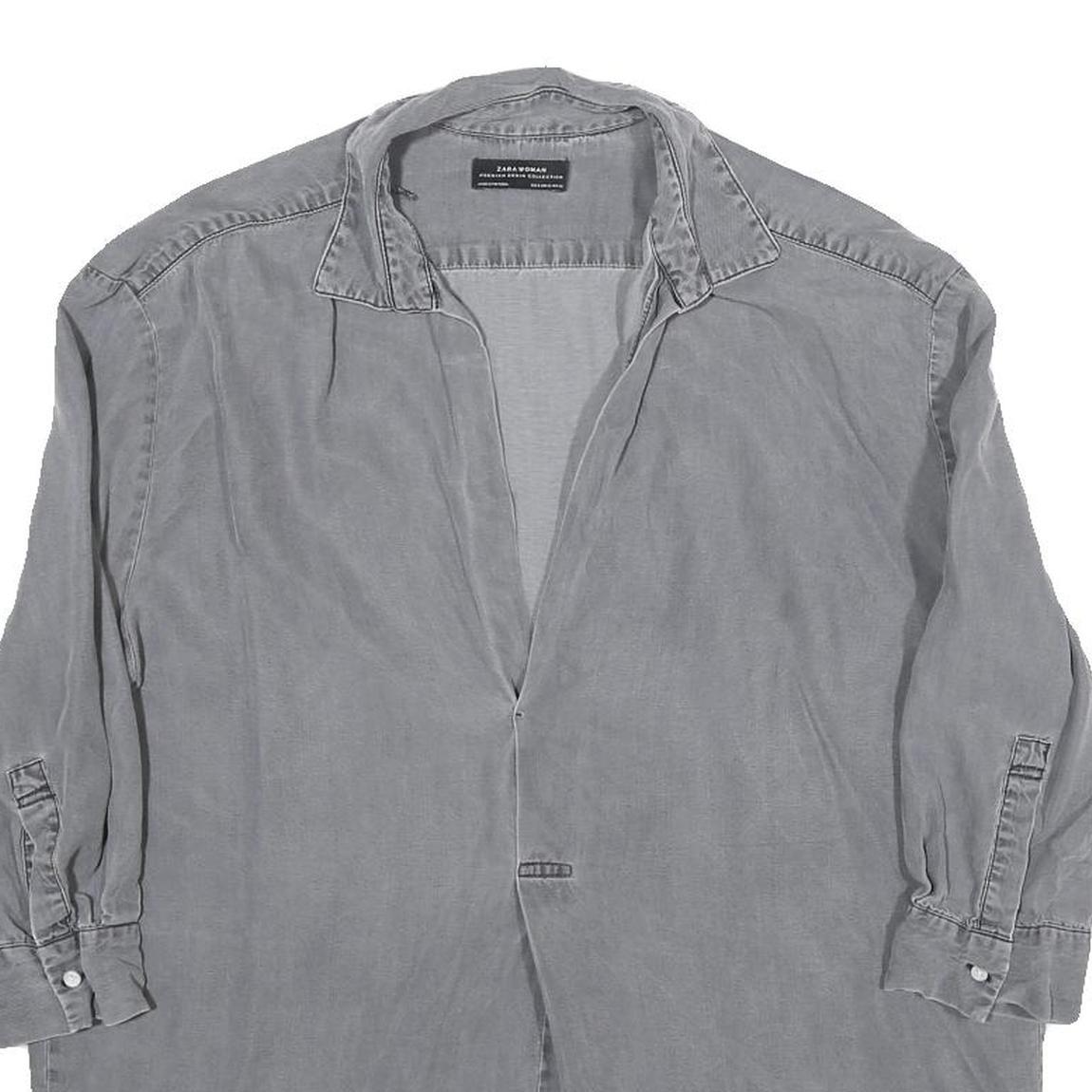 ZARA Womens Grey Basic Shirt 3/4 Sleeve Collared Cotton Blend M Casual