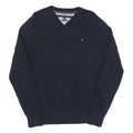 TOMMY HILFIGER Mens Navy Blue Plain V Neck Basic Knit Jumper M Cotton Blend