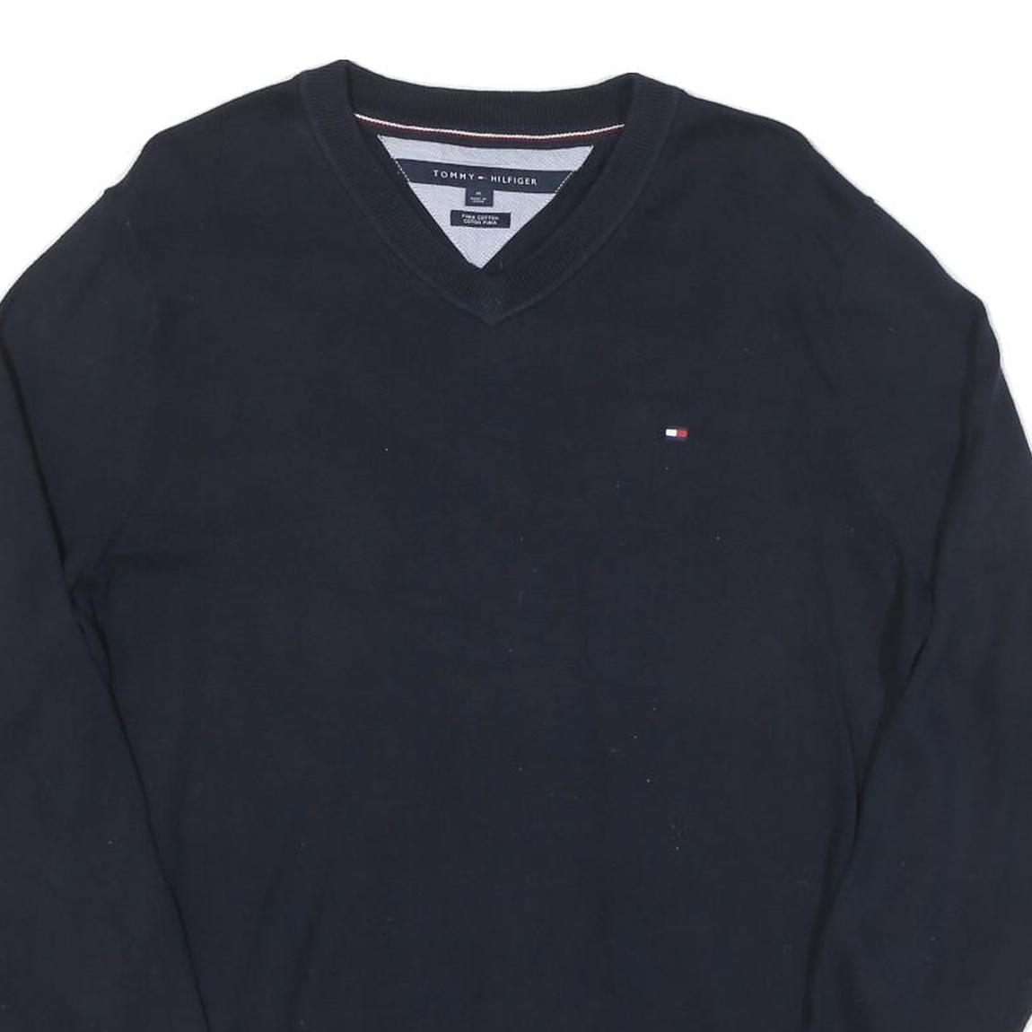TOMMY HILFIGER Mens Navy Blue Plain V Neck Basic Knit Jumper M Cotton Blend