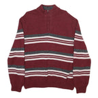 CHAPS Mens Maroon & Grey Striped Cotton Blend Patterned Jumper Half Zip Crew