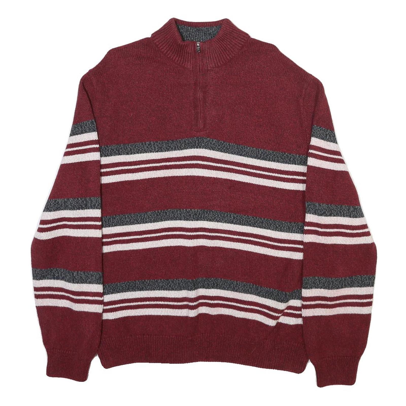CHAPS Mens Maroon & Grey Striped Cotton Blend Patterned Jumper Half Zip Crew