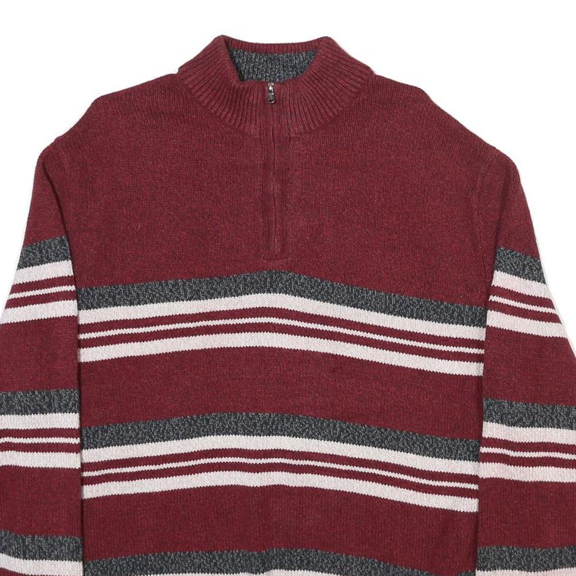 CHAPS Mens Maroon & Grey Striped Cotton Blend Patterned Jumper Half Zip Crew