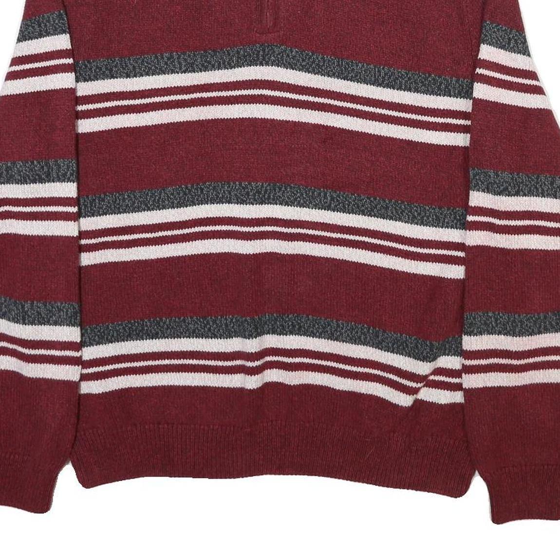 CHAPS Mens Maroon & Grey Striped Cotton Blend Patterned Jumper Half Zip Crew
