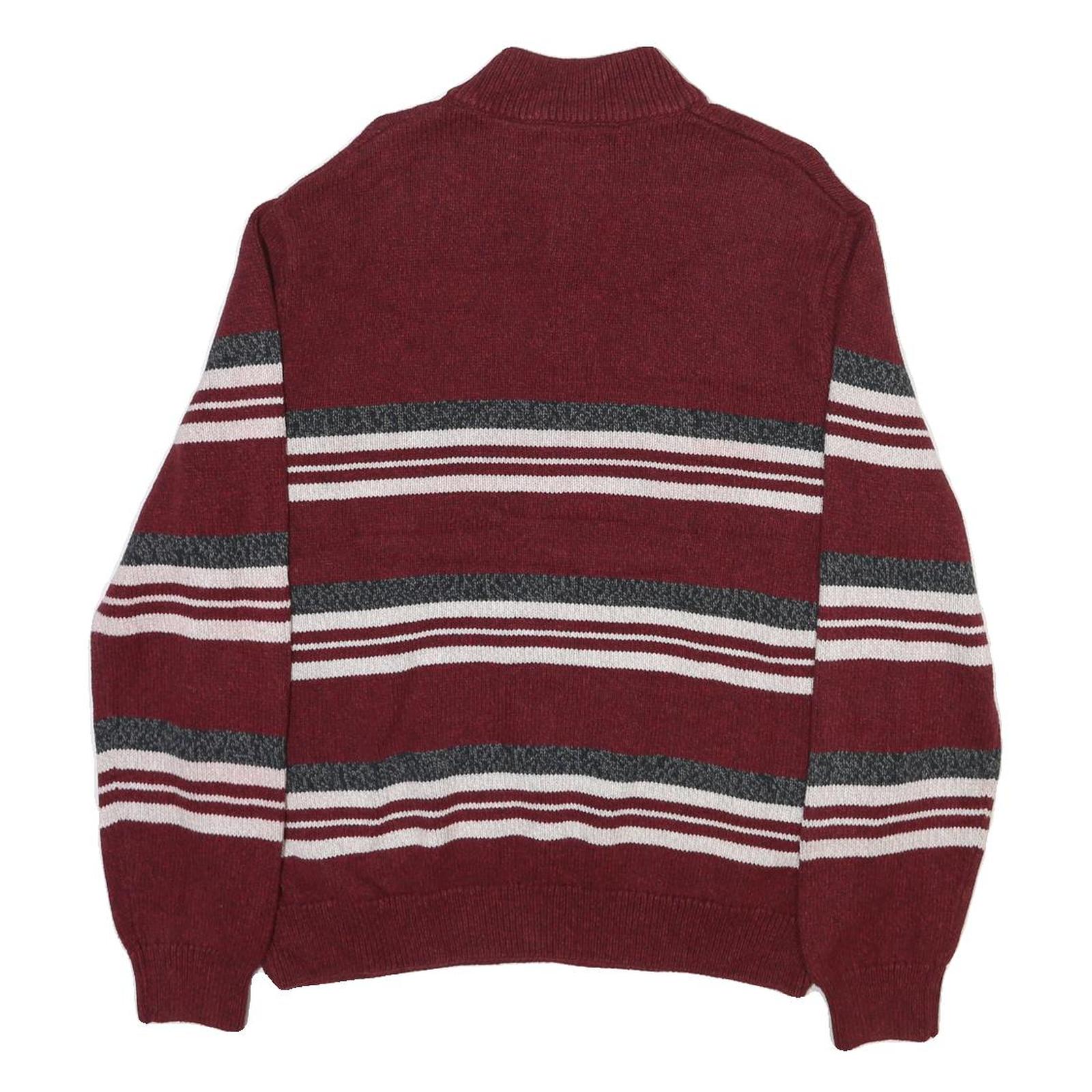 CHAPS Mens Maroon & Grey Striped Cotton Blend Patterned Jumper Half Zip Crew