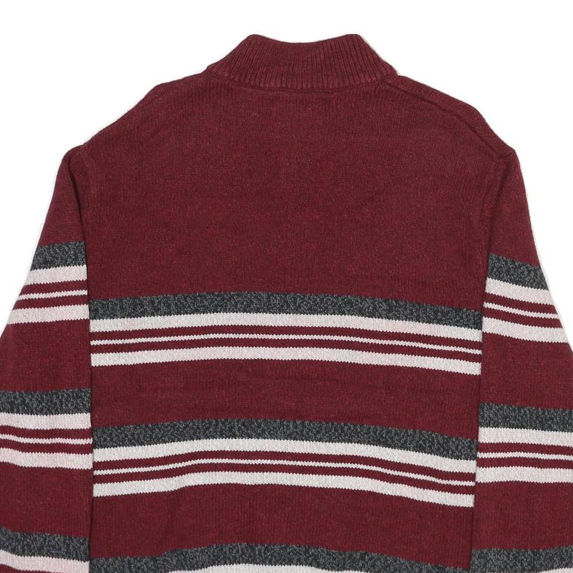 CHAPS Mens Maroon & Grey Striped Cotton Blend Patterned Jumper Half Zip Crew